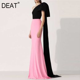 [DEAT] Spring Summer Fashion Diagonal Collar High Waist Floor-length Sleeveless Patchwork Dress Women 13C796 210527