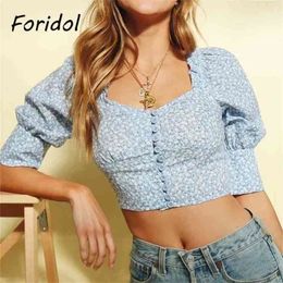 Puff Sleeve Floral Print Summer Crop Tops Women Cute Boho Button Up Blue Blouse Cotton Female 210427