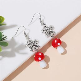 Cute Red White Glass Mushroom Dangle Earrings For Women Girls Fashion Silver Color Metal Flower Drop Earring Jewelry Gifts