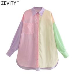 Zevity Women Sweet Candy Color Patchwork Oversize Shirts Female Long Sleeve Single Pocket Blouse Roupas Chic Blusas Tops LS9406 210603