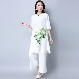Spring summer women sets elegant cotton and linen loose long blouse shirts+female wide leg pants trousers two piece 210423