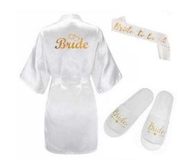 3pc set of glitter gold bride satin short robe slippers bridal sash peignoir women Bridal Party kimono 210924