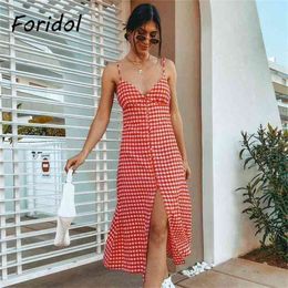 Foridol Button Up Plaid Red Dress Summer Women V Neck Strap Sexy Backless Checkered Dress Long Sleeveless Maxi Beach Dress 210415