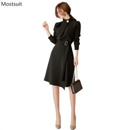 Spring Autumn Elegant Korean Dress Women Plus Size Asymmetry Long Sleeve Stand Collar Tunic Mini A-line Dresses With Sashes 210513