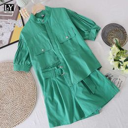 LY VAREY LIN Summer Women Casual Single Breasted Pocket Shirts +High Waist Shorts with Belt Female Tooling Style Two Piece Set 210526