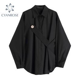Black Blouses Tops Office Ladies Elegant Women High Waist Button Loose Chic Shirts Female Long Sleeve Cardigan Korean Blusas Top 210417