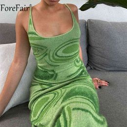 Forefair 2021 Summer Beach Green Sexy Dress Women Sleeveless Spaghetti Strap Midi Knit Hollow Out Casual Party Dresses G1214