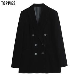 Vintage Black Velvet Jacket Blazer Office Ladies Suit Double Breasted Woman Outwear 210421