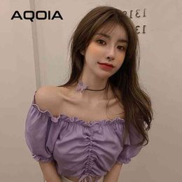 Chic Sexy Off the shoulder women blouse Short Shirt Korean style Ruffles Solid Colour Sleeve Womens Tops Tunic Female 210521