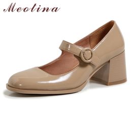 Meotina Block Heels Pumps Women Cow Leather Mary Janes Shoes Round Toe Buckle Strap Shoes Female High Heel Footwear Coffee 40 210520