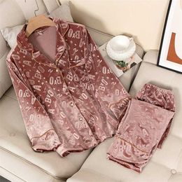 Pyjamas For Women Velvet 2PCS Set Full Sleeve Shirt&pant Spring Autumn Letter Sleepwear Loose Nightwear Velour Sleep 211215