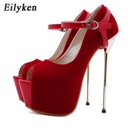 Eilyken Sexy Buckle Strap Platform Wedding Peep Toe Women Pumps Very High Heel Stripper Flock Club Pumps Shoes C0410