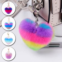 rabbit ring holder UK - Cute Car Fluffy Fur Keychains for Women Heart Pompoms Key Chains Rings Fake Rabbit Keyring Holder Charm Bag Jewelry Accessories
