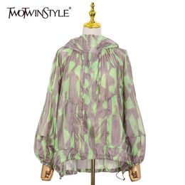 Thin Hit Colour Coat For Women Long Sleeve Patchwork Drawstring Casual Sun Protection Coats Female Fashion 210524