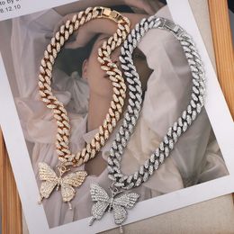 Luxury Full Rhinestone Paved Miami Cuban Link Chain Choker for Women Men Big Butterfly Pendants Cuban Necklace HipHop Jewellery X0509