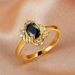 Wedding Rings Vintage Female Black Crystal Stone Ring Charm Gold Colour For Women Cute Promise Bride Oval Engagement