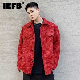 IEFB Mens Woven Bright Silk Woolen Jacket Loose Lapel Single Breasted Long Sleeve Red Oversized Coat Autumn Winter Tops 211122