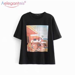 Aelegantmis Summer Black Print Women Short Sleeve Tshirt Loose Streetwear Casual Top Tees Ladies Fashion T Shirt Tops 210607