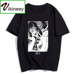 Men Clothes Junji Ito Print Man's T-shirt Harajuku Short Streetwear Aesthetic Anime Shirt Cotton Black Tshirt 210706