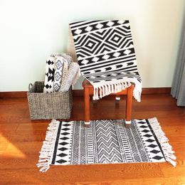 Carpets RAYUAN Persian Style Blending Black And White Geometric Line Mat Fringed Tapestry Carpet Doormat Rug 60x90CM 60x130CM