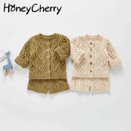 baby boy and girl thick needle sweater suit long-sleeved shirt shorts two-piece cotton cardigan toddler clothes 210515