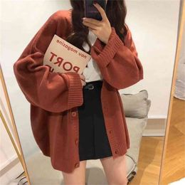 Women Sweaters Solid V-Neck Single Breasted Loose Females Cardigan Leisure Chic Elegant Trendy Warm Outwear Knitted Street Tops 210914
