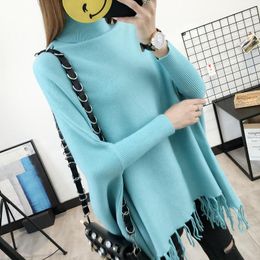 Women's Sweaters PEONFLY 2021 Spring Pullovers Women Loose Tassel Soft Shawl Turtleneck Solid Bat Long Sleeve Pullover Sweater