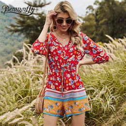 V-neck Button Front Floral Print Rompers Womens Jumpsuit Holiday Boho Summer 3/4 Sleeve Drawstring Waist Romper 210510