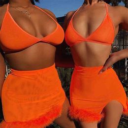 OMSJ Neon Green Pink Sexy Short Two Piece Set Crop Top and Skirt Suit Matching Sets Summer Clothes for Women Ropa Mujer 210517