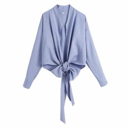 Casual Women V Neck Bandage Blouse Spring-autumn Fashion Ladies Korean Minimalism Female Blue Stripes Shirt Top 210515