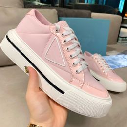 Macro recycled nylon and shiny leather sports shoes ladies or men designer sneakers triangle pattern with 3.5cm heel European size 35-46