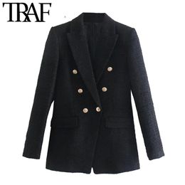 TRAF Women Fashion With Metal Button Tweed Blazer Coat Vintage Long Sleeve Flap Pockets Female Outerwear Chic Veste 211122