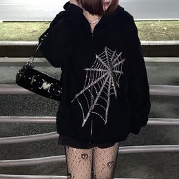 Gothic rhinestone spider web hot rhinestone zipper hoodie couple trend Harajuku punk oversized clothing Sweatshirt women and men