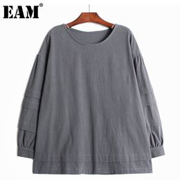 [EAM] Women Big Size Grey Multicolor T-shirt Loose Round Neck Long Lantern Sleeve Fashion Spring Autumn 1DD6606 210512