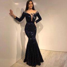 Sparkly Sequins Prom Dresses Wear Navy Blue Keyhole Sequined Crystal Beads Women Long Sleeves Mermaid Evening Dress Floor Length Arabic Party Gowns