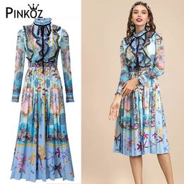 vintage designer style blue ruffles lace up midi dress pleated long sleeve casual high waist loose dresses plue size 2xl 210421