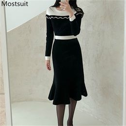 Color-blocked Elegant Knitted Women Dress Spring Full Sleeve O-neck Korean Ladies Dresses Vestidos Femme 210513