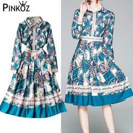 spring summer blue dress plus size 2xl printed chain floral single breasted long sleeve pleated dresses party causal robe 210421