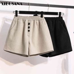 Autumn Winter Solid Warm Woolen's Shorts Women Korean Elastic High Waist Width-leg Female Fashion Plus Size 5XL 210423