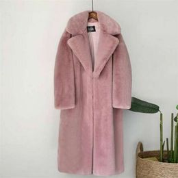 Women Winter Warm Faux Fur Coat Thick Long Turn Down Collar Casaco Feminino 210928