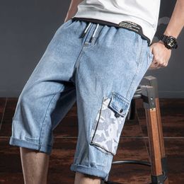 SHAN BAO elastic waist drawstring men's personality hip-hop loose straight cropped pants summer brand big pocket jeans 210531