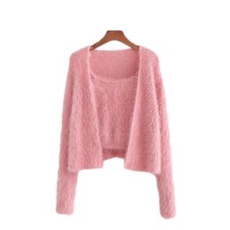 Sweet Women Causal Soft Loose Sweaters Fashion Ladies Pink Knitted Tops Elegant Female Chic Solid Two Piece Suit 210430