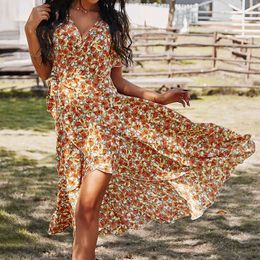 Women Unique Short Sleeve Floral Print Slim Dress Sexy V Neck Ladies Summer Beach Holiday Casual Midi Dresses Vestidos 210517