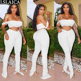 Elegant wild 2 piece set women strapless tops&long pants draped slim solid Colour sexy two outfits casual sets 210515