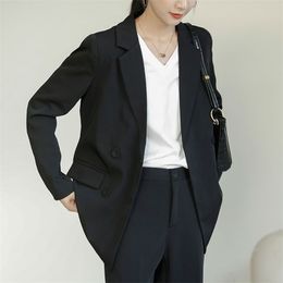 Arrival Spring Autumn Korea Fashion Women Long Sleeve Loose Black Blazers Double-breasted Casual Blazer Femme Coat V76 210512