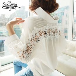 fashion womens tops and blouses backless sexy Hollow Out Lace Blouse Shirt Ladies solid White office blouse women 1310 40 210427