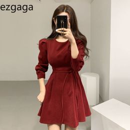 Ezgaga Elegant Lace Up Dress Women Autumn Winter O-Neck Temperament Solid Office Lady Korean Party Dress Vestidos Feminino 210430