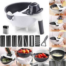 LMETJMA 9 in 1 Multifunctional Magic Rotate Vegetable Slicer with 2L Drain Basket Veggie Fruit Shredder Grater Slicer KC0291 210406