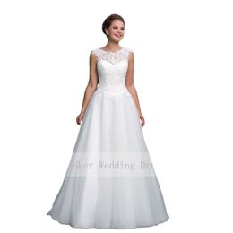 2021 Floor Length Tulle Gown White A-Line Wedding Dresses Scoop Lace Neckline Lace up Back Bridal Gowns