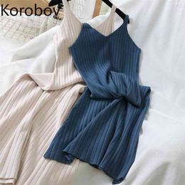 Korobov Korean Casual Loose Knitted Solid Dress Fashion V Neck Slim Bodycon Dresses Sexy Party Night Vestidos 210430